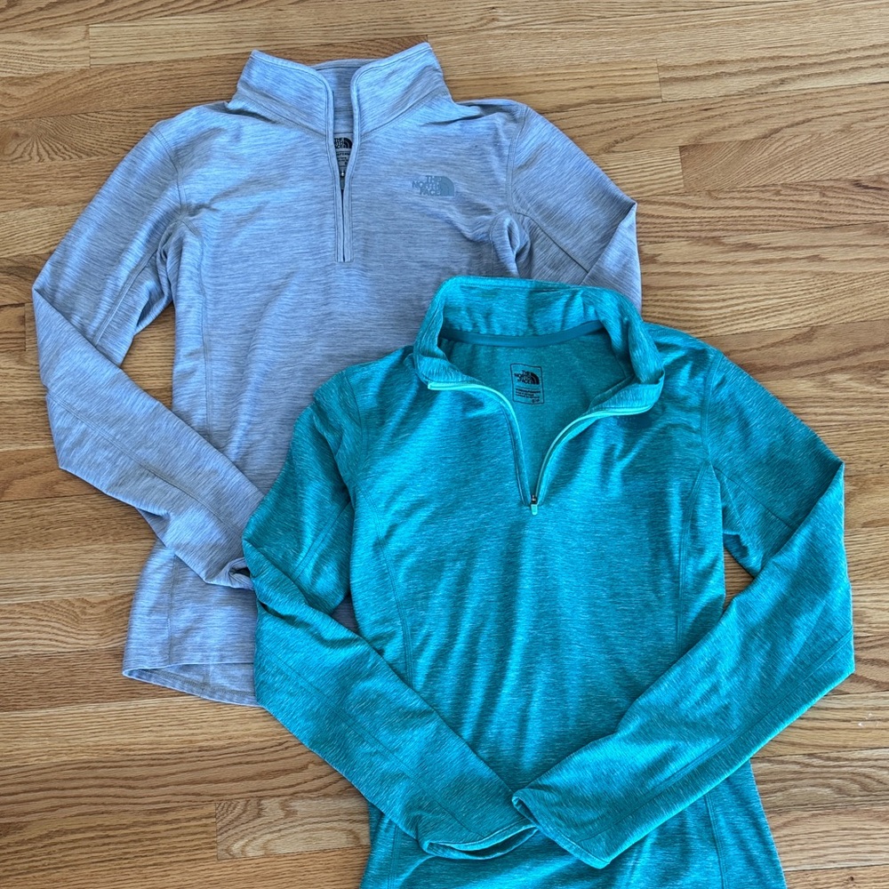 The North Face Light Gray and Teal Quarter-Zip Tops